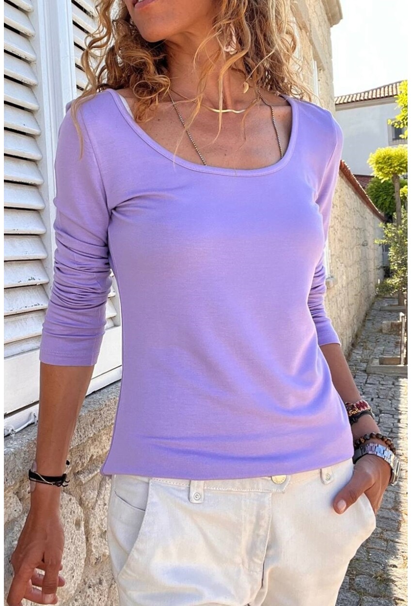 Lila U Yaka Yumuşak Dokulu Basic Bluz BST700-3580