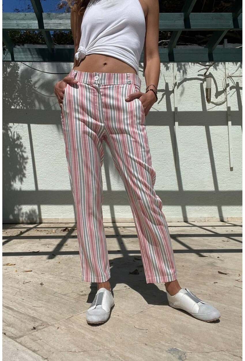 Pembe Keten Cepli Düğmeli Boru Paça Havuç Pantolon Bst3394