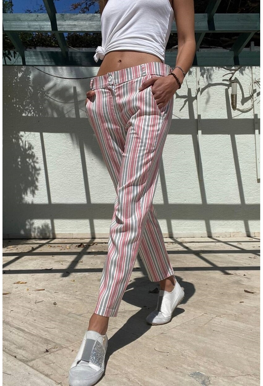 Pembe Keten Cepli Düğmeli Boru Paça Havuç Pantolon Bst3394