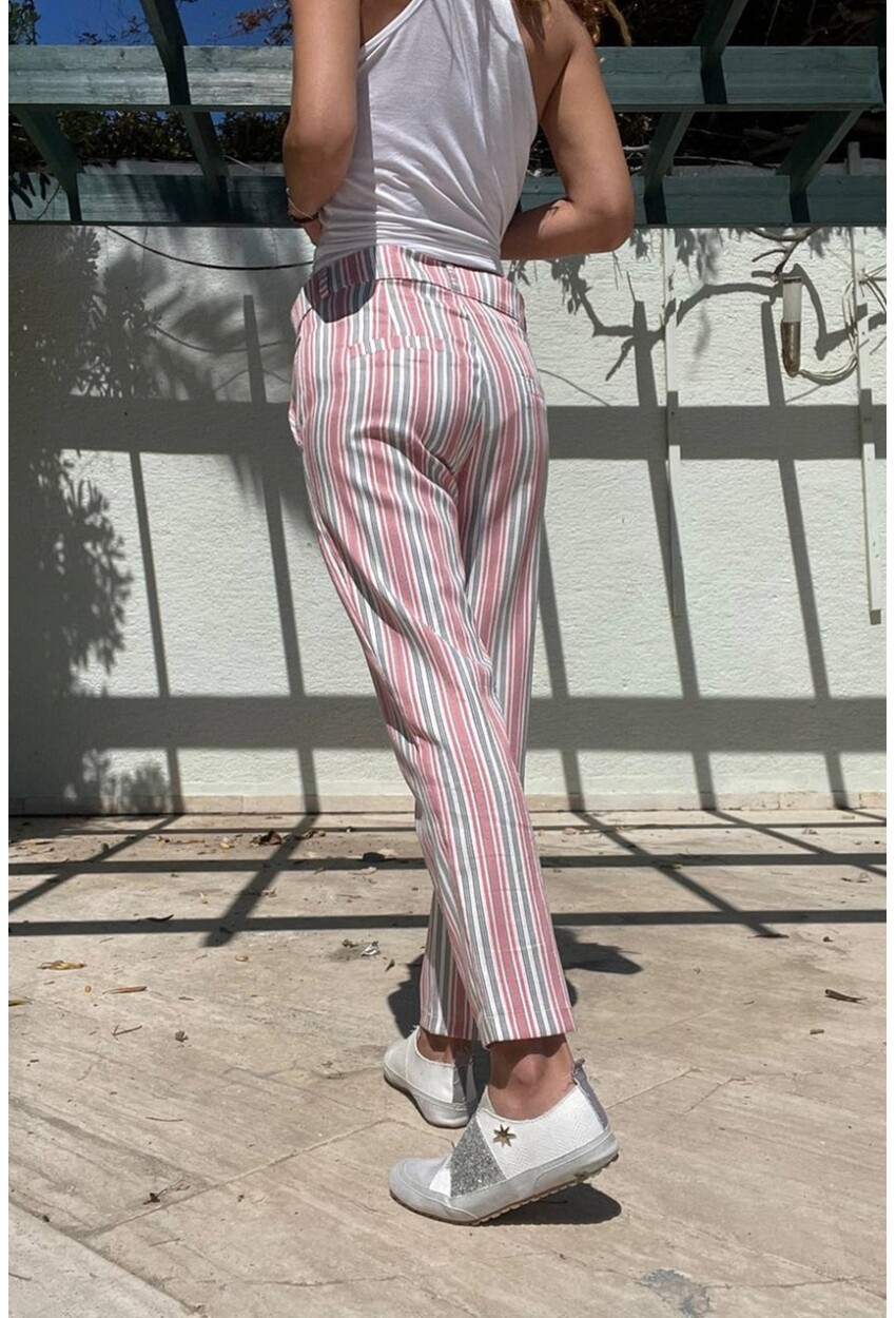 Pembe Keten Cepli Düğmeli Boru Paça Havuç Pantolon Bst3394