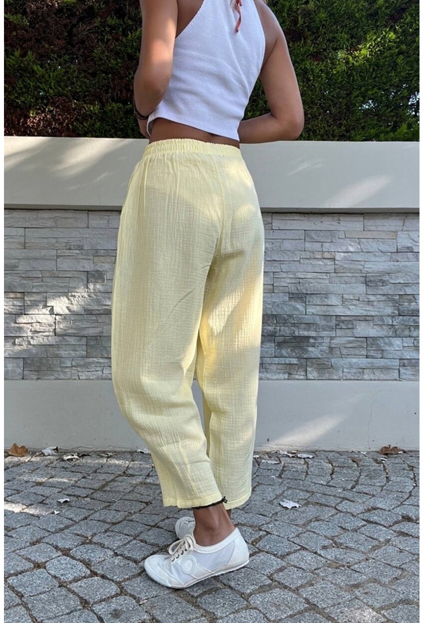 Sarı Müslin Beli Lastikli Cepli Salaş Pantolon Bst3416