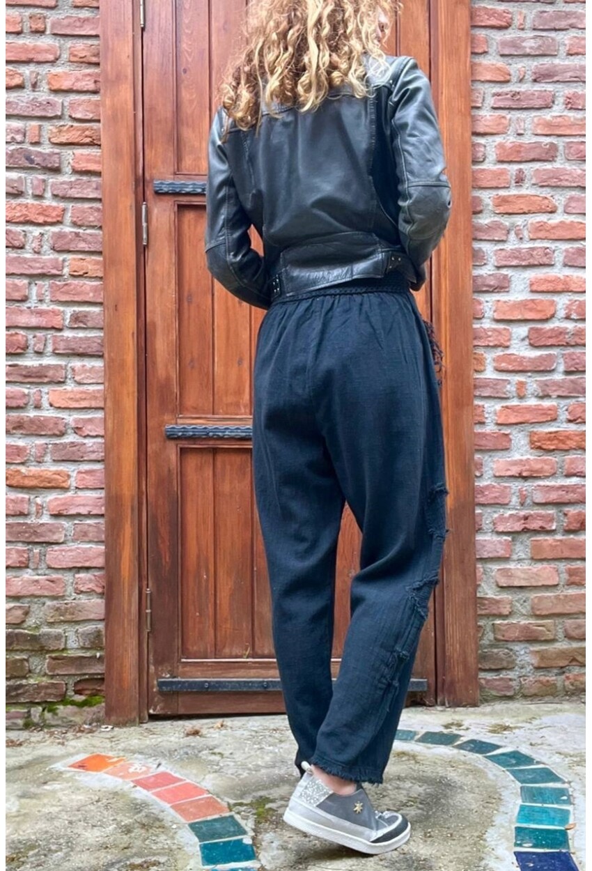 Siyah Beli Lastikli Yıkamalı Keten Görünümlü Pis Dikiş Detaylı Salaş Şalvar Pantolon RSD1196 95 30