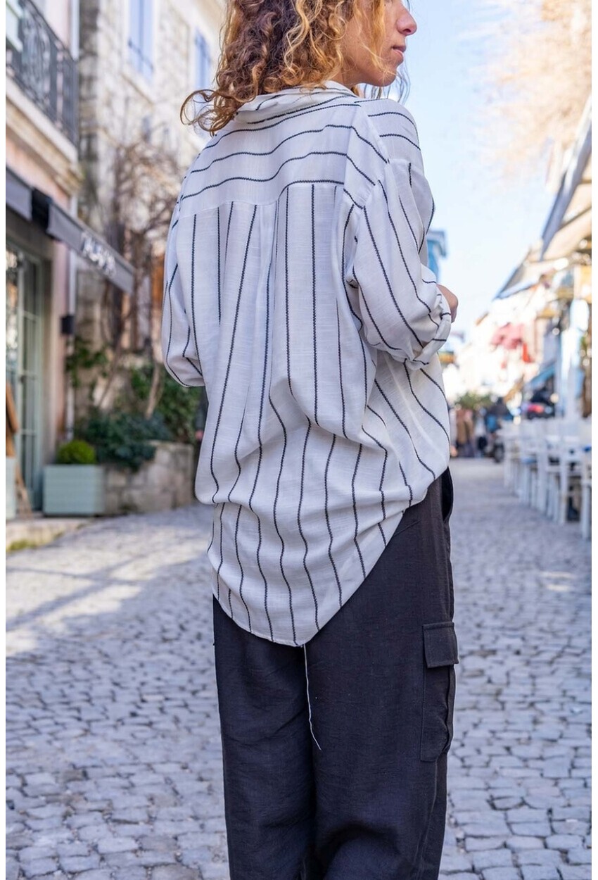 Womens Black and White Self-Textured Striped Loose Shirt BST6017