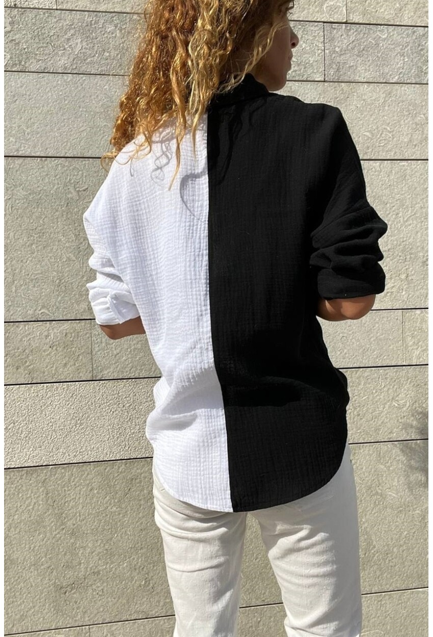 Siyah-Beyaz Müslin Color Block Salaş Gömlek Bst3458