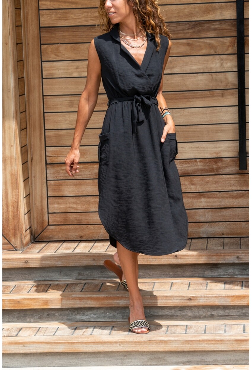 Womens Black Double Breasted Jacket Collar Pocketed Belt Airobin Dress GK-BST2881