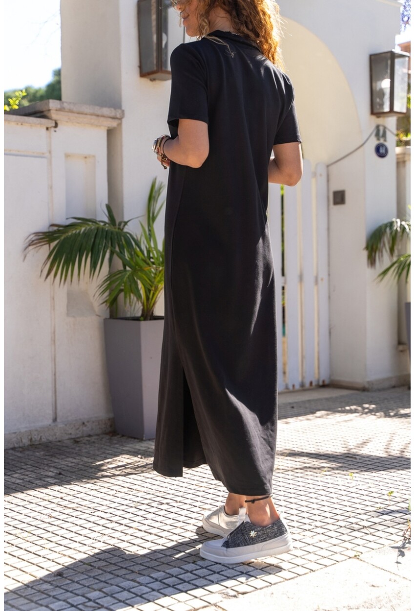 Siyah Polo Yaka Yanı Yırtmaçlı Uzun Elbise BST700-3525