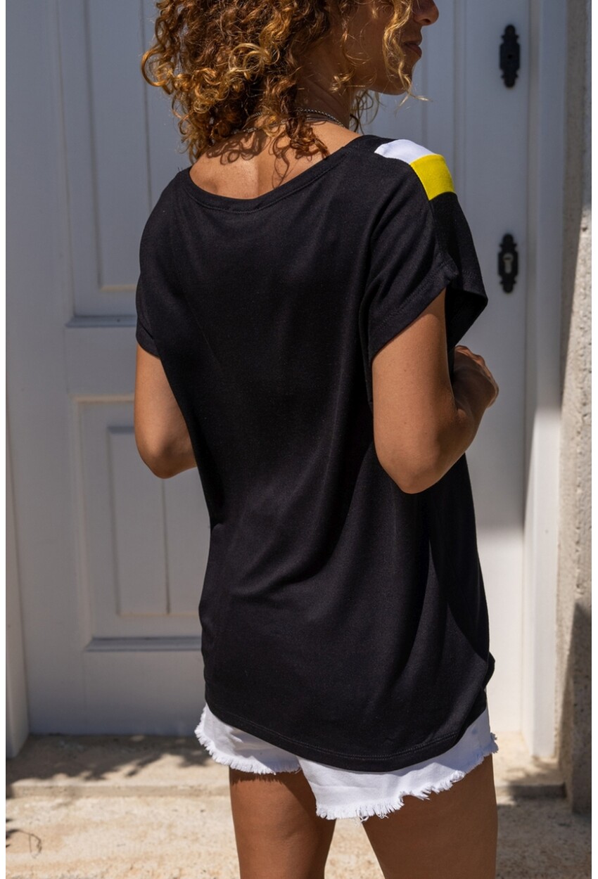 Womens Black V-Neck Collar Garnish Loose Blouse BST3247