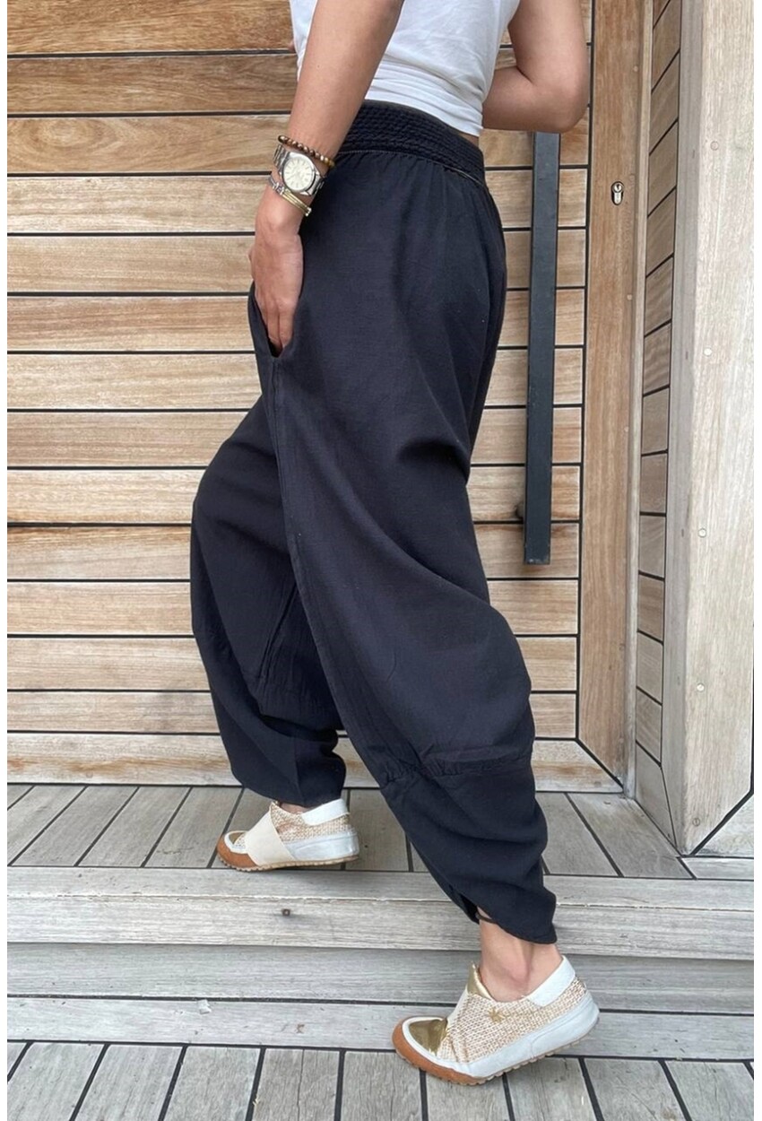 Siyah Yıkamalı Keten Cepli Beli Lastikli Şalvar Pantolon Rsd58048