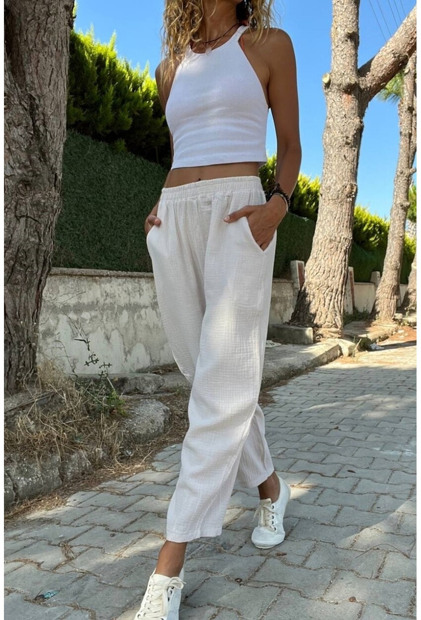 Taş Müslin Beli Lastikli Cepli Salaş Pantolon Bst3416