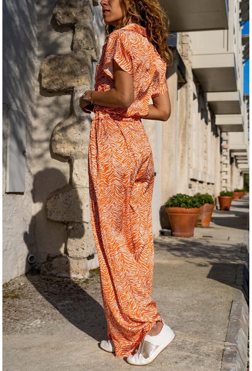 Womens Orange Satin Waist Elastic Pocket Wide Leg Jumpsuit BST3235