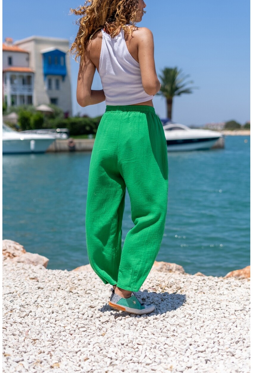 Yeşil Müslin Beli Lastikli Cepli Salaş Pantolon Bst3416