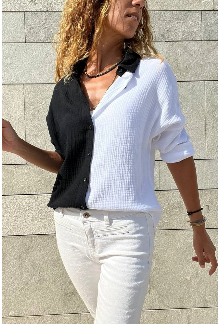 Yeşil-Saks Müslin Color Block Salaş Gömlek Bst3458