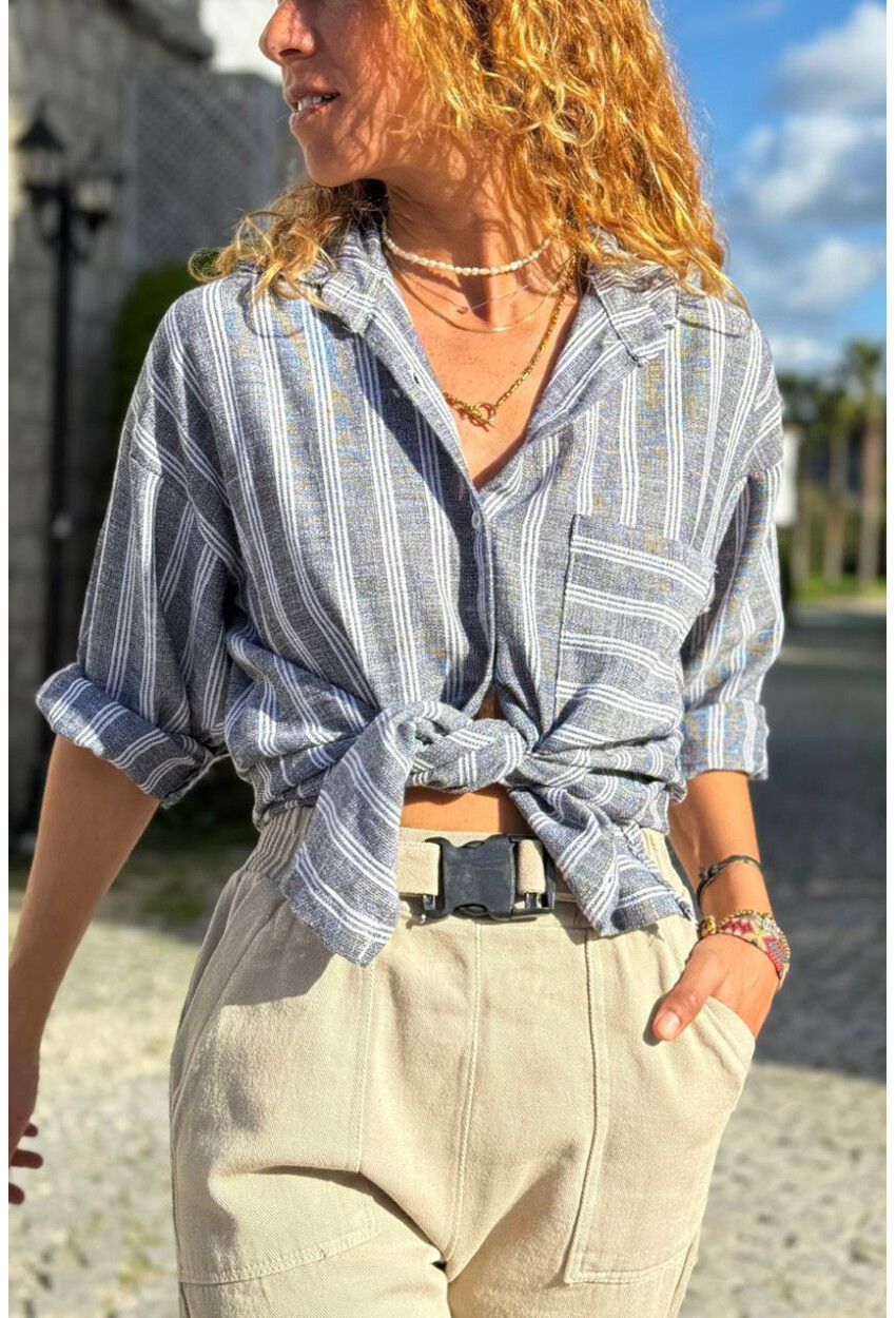 Antrasit Çizgili Cepli Pamuklu Salaş Dokuma Gömlek 70 50