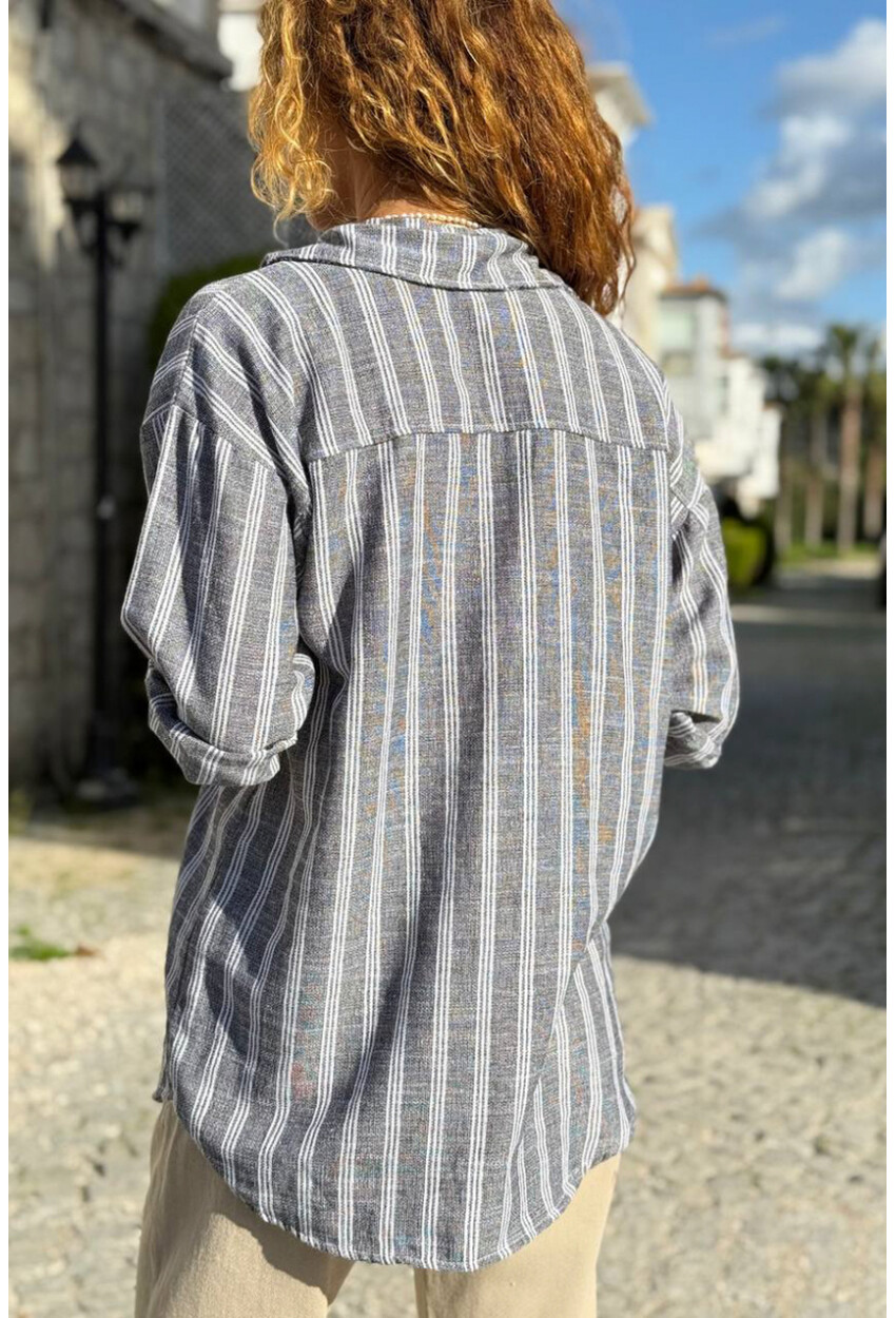 Antrasit Çizgili Cepli Pamuklu Salaş Dokuma Gömlek 70 50