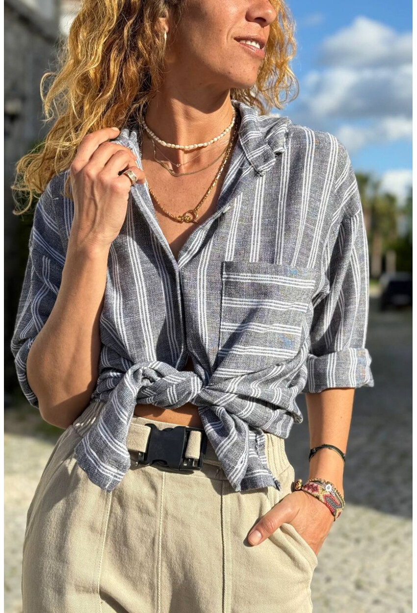 Antrasit Çizgili Cepli Pamuklu Salaş Dokuma Gömlek 70 50