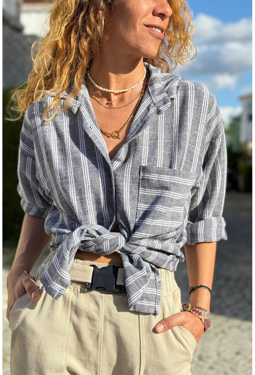 Antrasit Çizgili Cepli Pamuklu Salaş Dokuma Gömlek 70 50