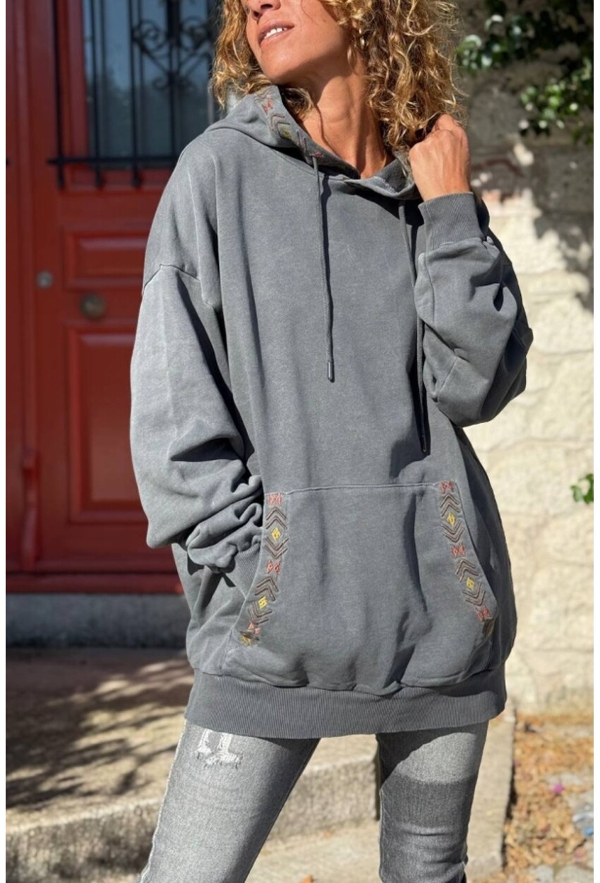 Antrasit Kapüşonlu Kanguru Cepli Etnik Diliş Detaylı İki İplik Salaş Sweatshirt 80 55