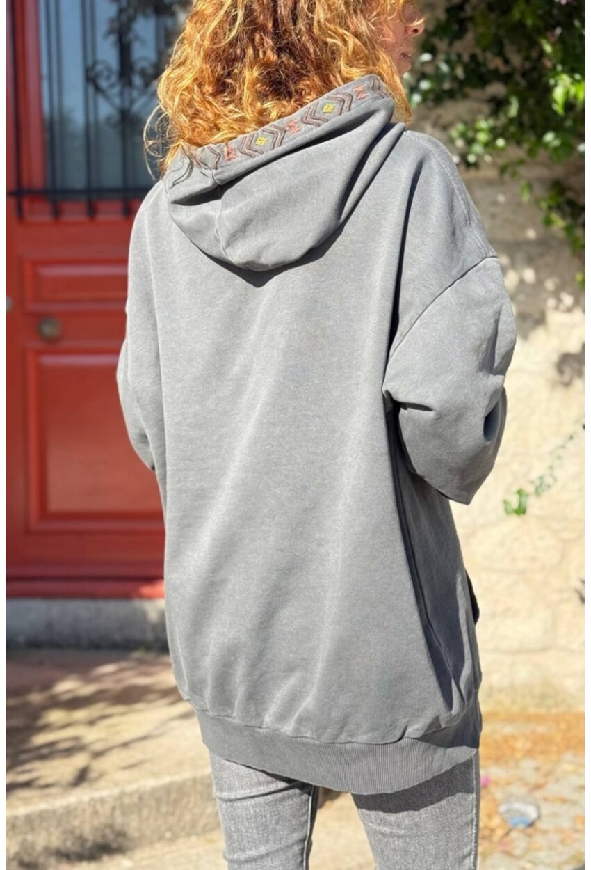 Antrasit Kapüşonlu Kanguru Cepli Etnik Diliş Detaylı İki İplik Salaş Sweatshirt 80 55