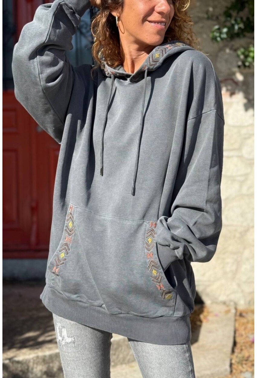 Antrasit Kapüşonlu Kanguru Cepli Etnik Diliş Detaylı İki İplik Salaş Sweatshirt 80 55