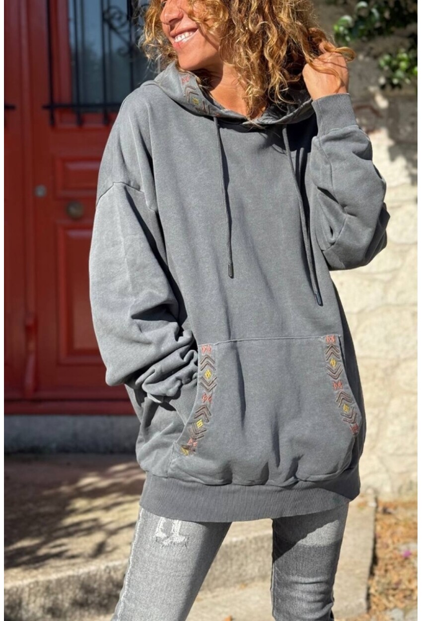 Antrasit Kapüşonlu Kanguru Cepli Etnik Diliş Detaylı İki İplik Salaş Sweatshirt 80 55