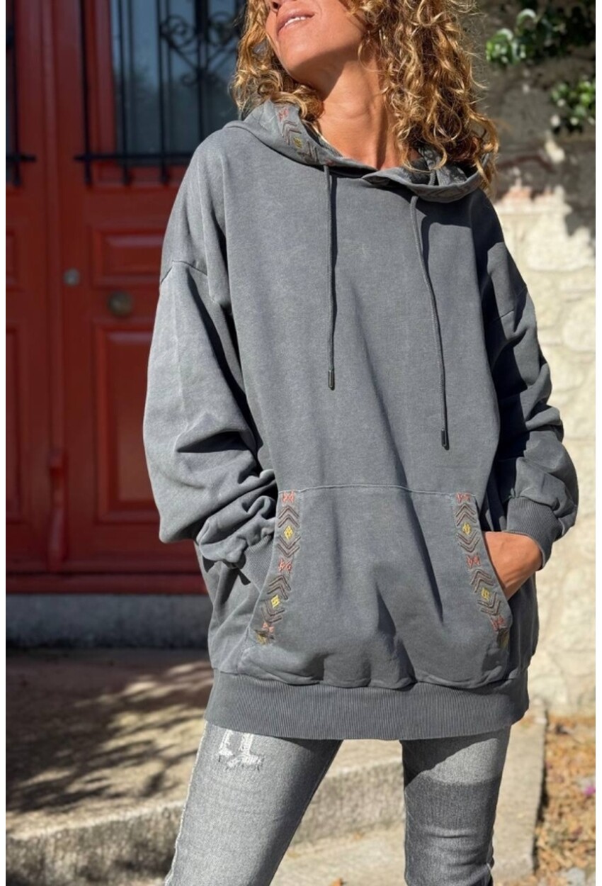 Antrasit Kapüşonlu Kanguru Cepli Etnik Diliş Detaylı İki İplik Salaş Sweatshirt 80 55