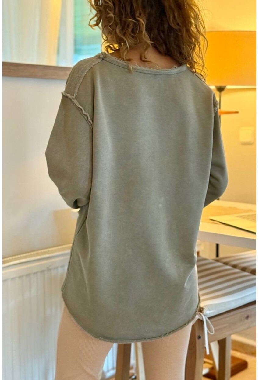 Bej Ağaç Baskılı Yıkamalı Eskitme Detaylı İşlemeli 2 İplik Şardonsuz Salaş Sweatshirt 70 55