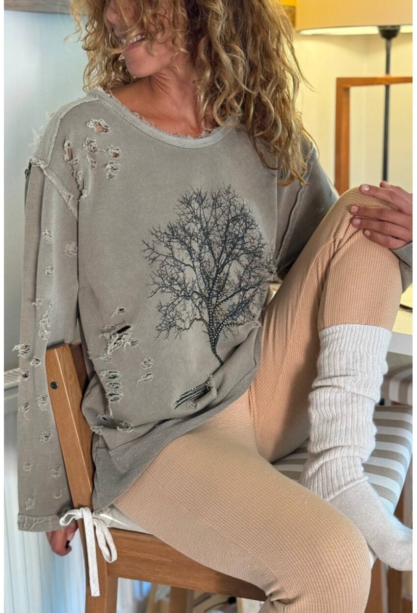 Bej Ağaç Baskılı Yıkamalı Eskitme Detaylı İşlemeli 2 İplik Şardonsuz Salaş Sweatshirt 70 55