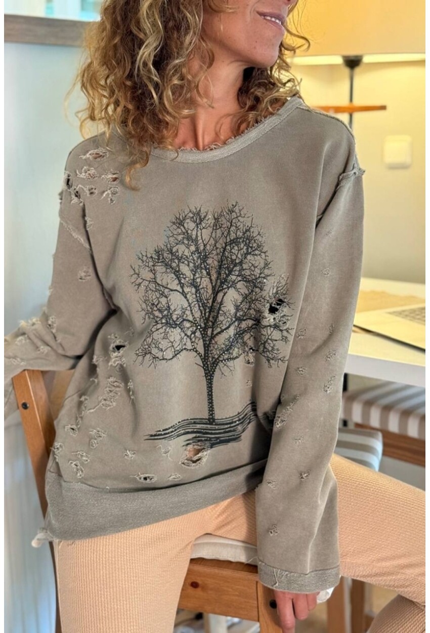 Bej Ağaç Baskılı Yıkamalı Eskitme Detaylı İşlemeli 2 İplik Şardonsuz Salaş Sweatshirt 70 55