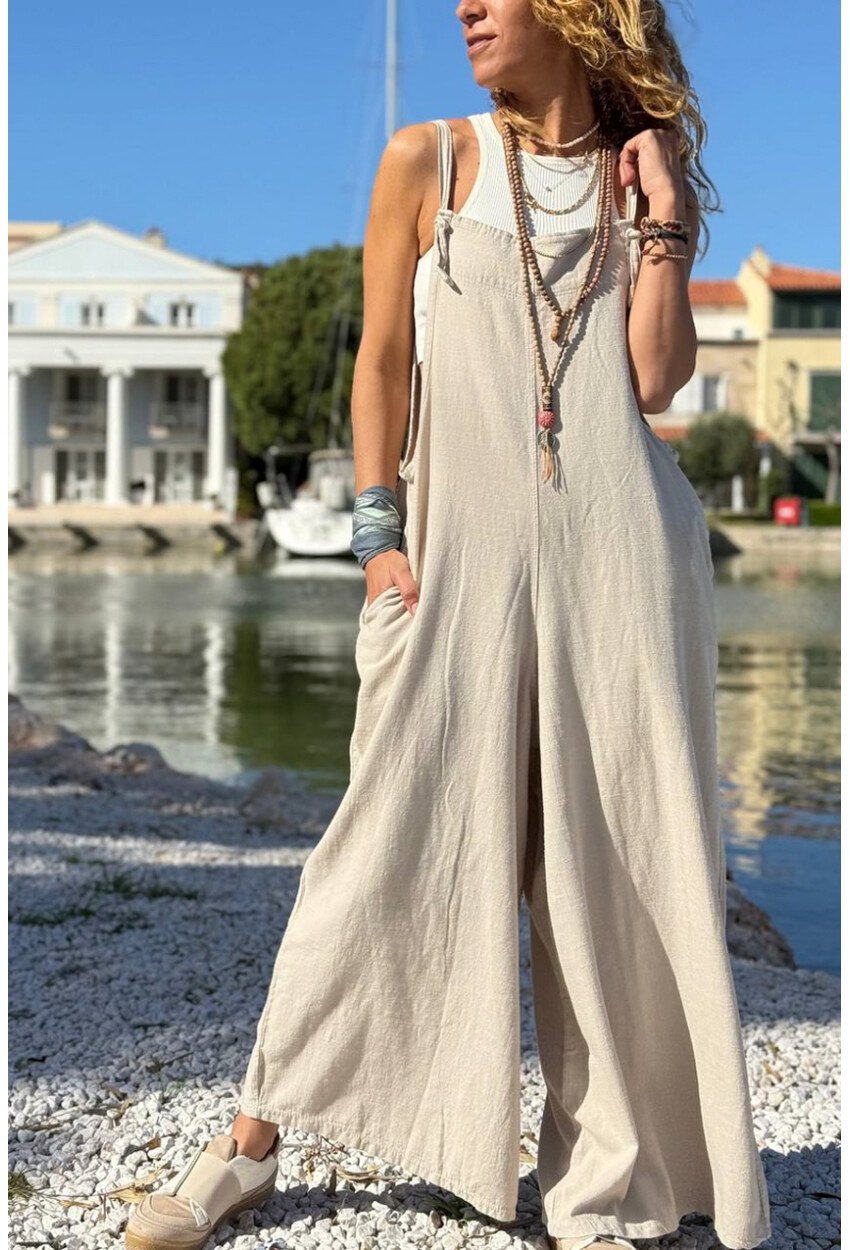 Bej Askılı Cepli Bol Paça Pamuklu Salaş Dokuma Tulum 135 50