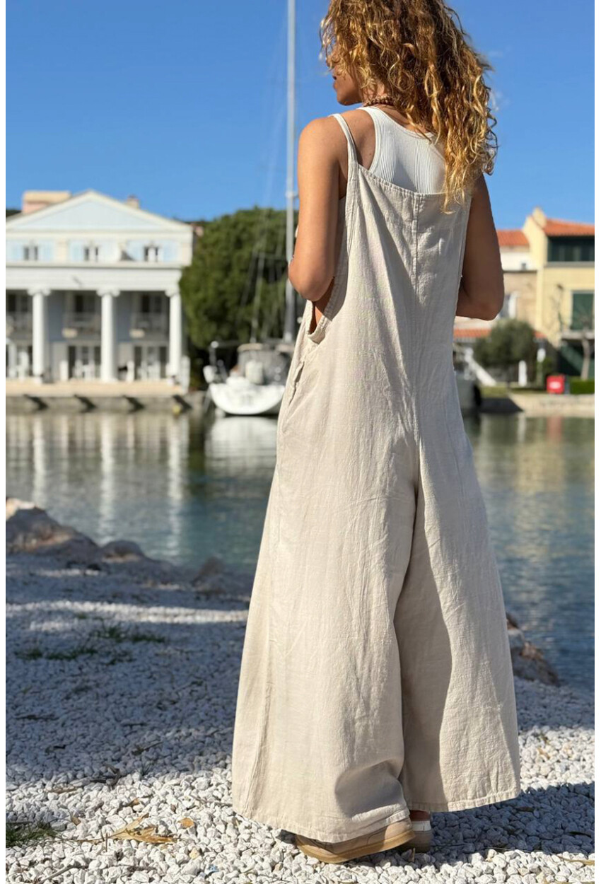 Bej Askılı Cepli Bol Paça Pamuklu Salaş Dokuma Tulum 135 50