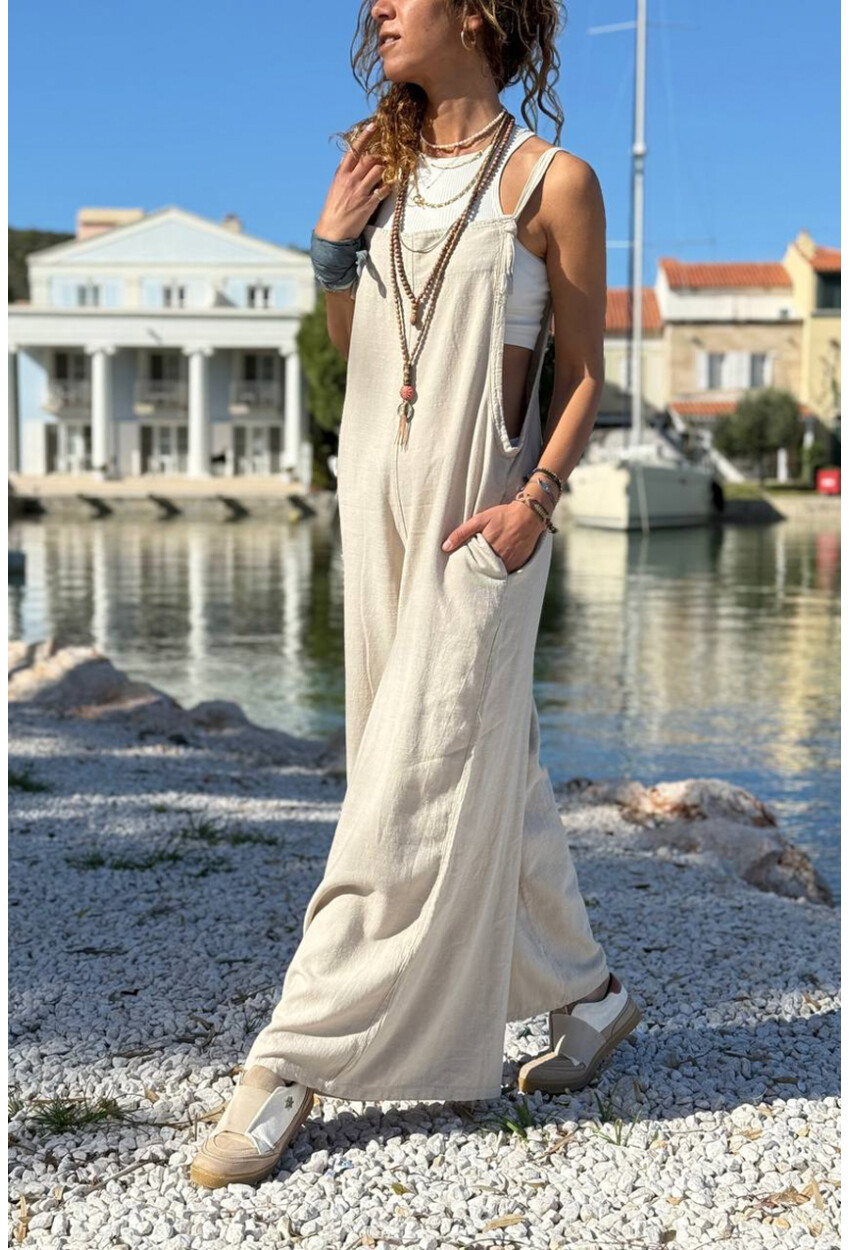 Bej Askılı Cepli Bol Paça Pamuklu Salaş Dokuma Tulum 135 50