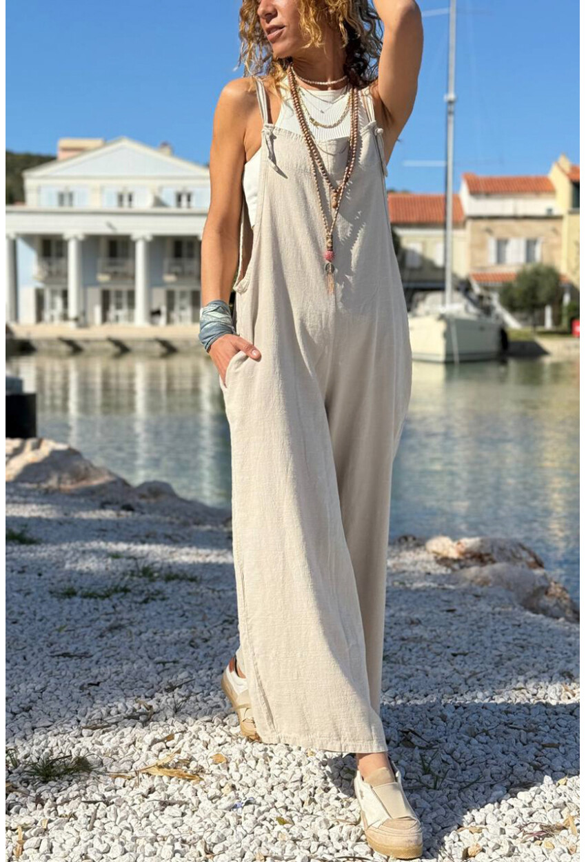 Bej Askılı Cepli Bol Paça Pamuklu Salaş Dokuma Tulum 135 50