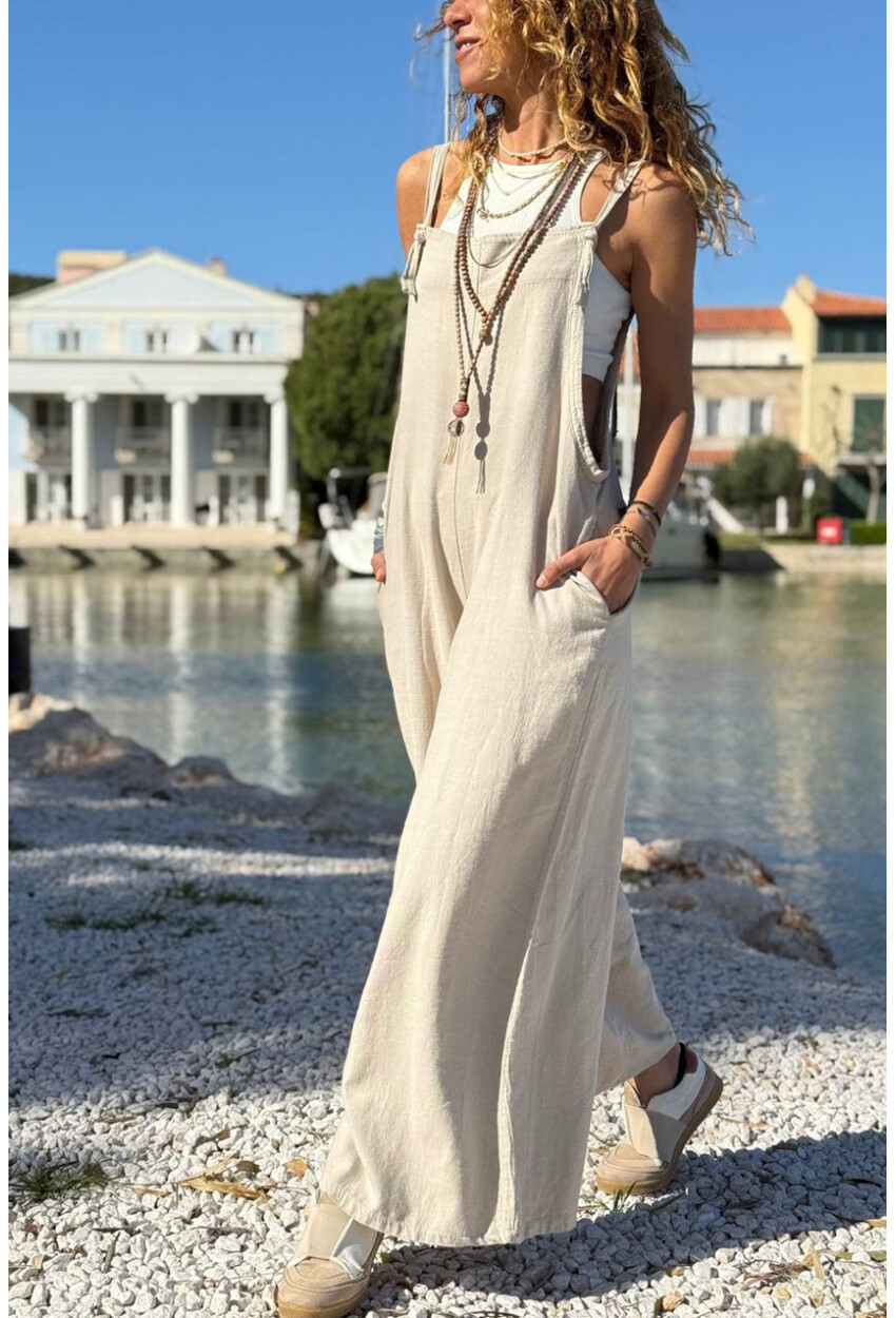 Bej Askılı Cepli Bol Paça Pamuklu Salaş Dokuma Tulum 135 50