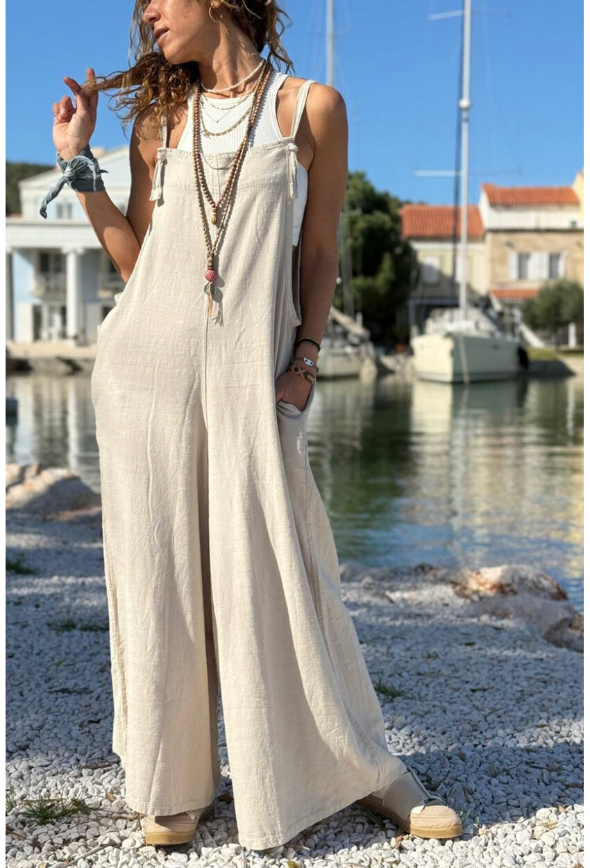 Bej Askılı Cepli Bol Paça Pamuklu Salaş Dokuma Tulum 135 50