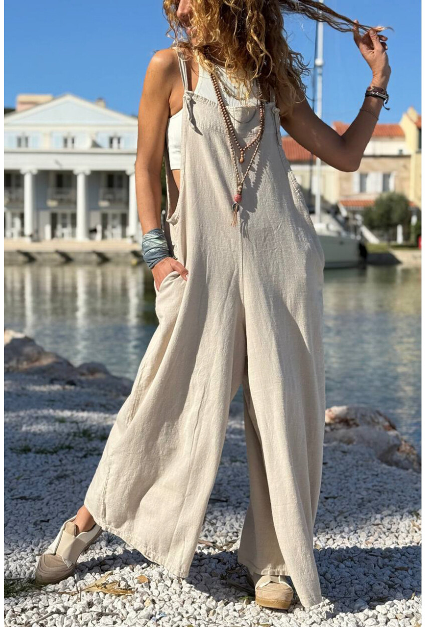 Bej Askılı Cepli Bol Paça Pamuklu Salaş Dokuma Tulum 135 50