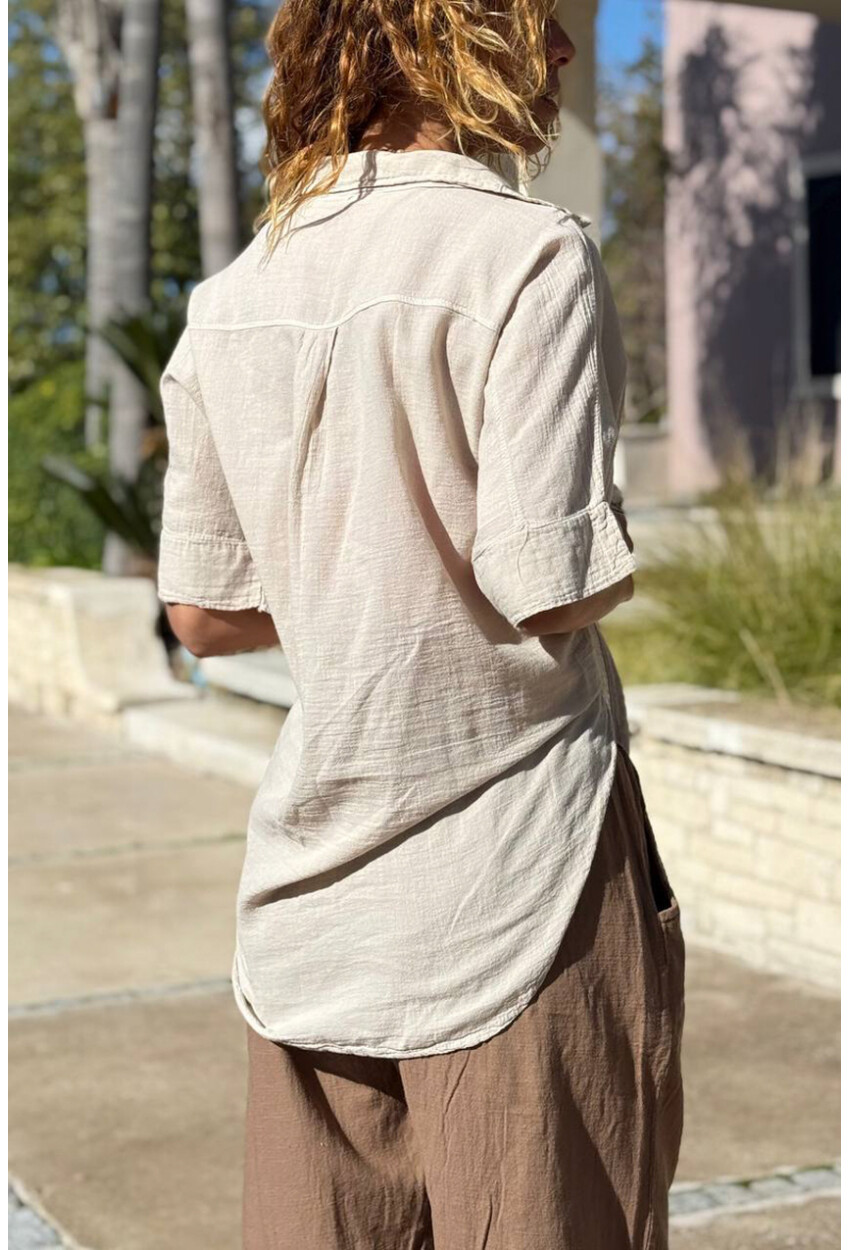 Bej Bağlamalı Pamuklu Arkası Uzun Crop Dokuma Bluz 70 45