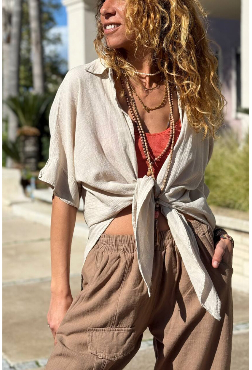 Bej Bağlamalı Pamuklu Arkası Uzun Crop Dokuma Bluz 70 45