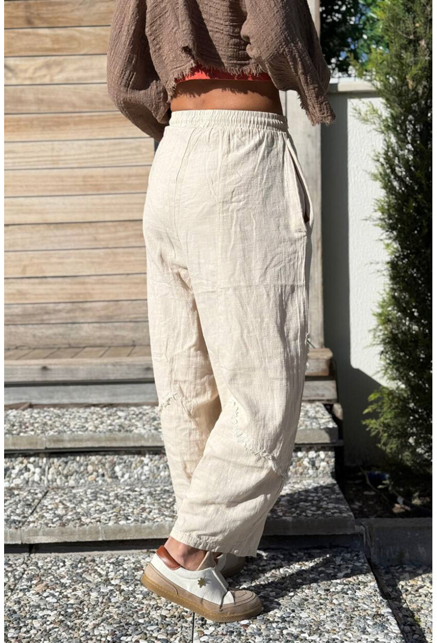 Bej Cepli Pis Dikişli Bol Paça Salaş Dokuma Pantolon 85 30