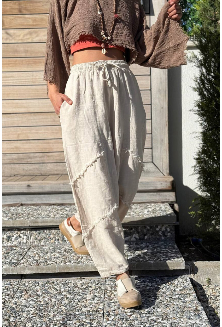 Bej Cepli Pis Dikişli Bol Paça Salaş Dokuma Pantolon 85 30