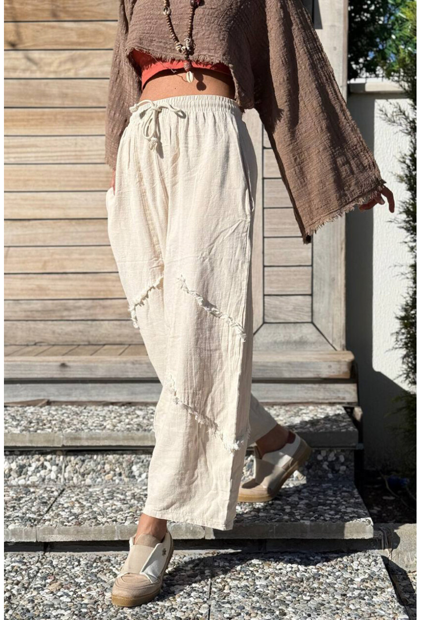 Bej Cepli Pis Dikişli Bol Paça Salaş Dokuma Pantolon 85 30