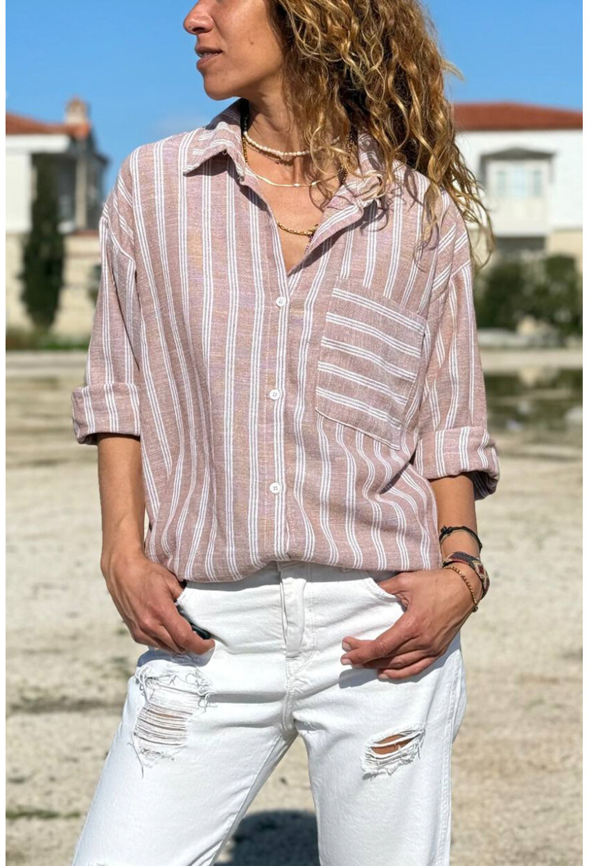 Bej Çizgili Cepli Pamuklu Salaş Dokuma Gömlek 70 50