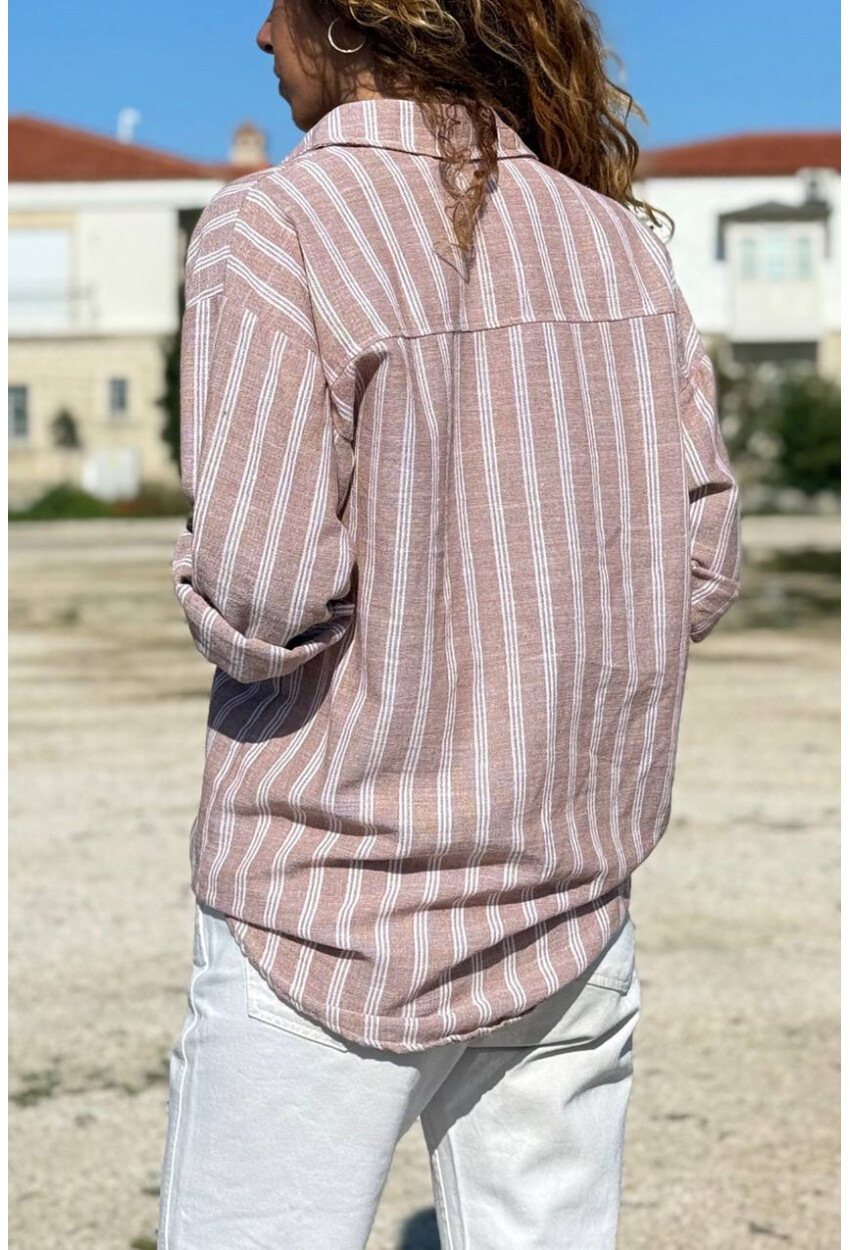 Bej Çizgili Cepli Pamuklu Salaş Dokuma Gömlek 70 50