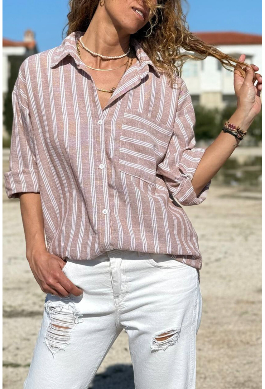 Bej Çizgili Cepli Pamuklu Salaş Dokuma Gömlek 70 50
