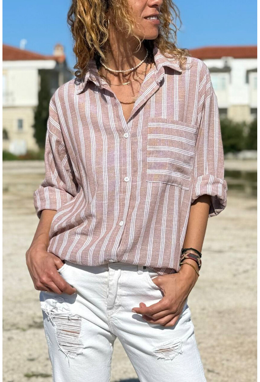 Bej Çizgili Cepli Pamuklu Salaş Dokuma Gömlek 70 50