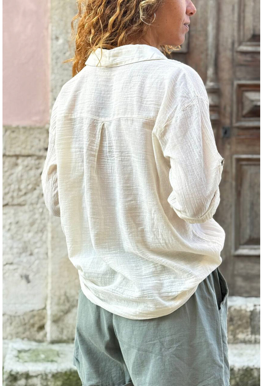 Bej Etnik Nakışlı Pamuklu Salaş Dokuma Gömlek 65 45