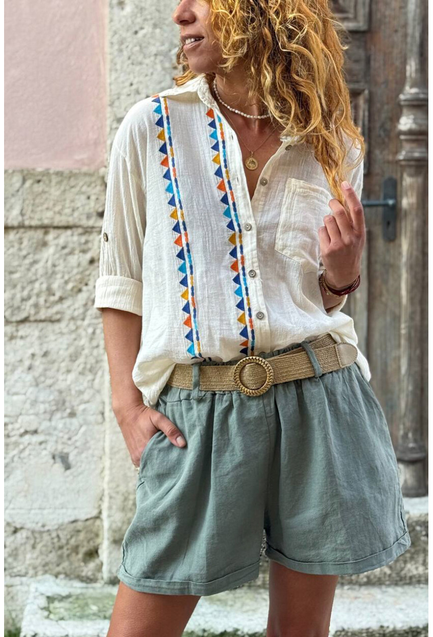 Bej Etnik Nakışlı Pamuklu Salaş Dokuma Gömlek 65 45