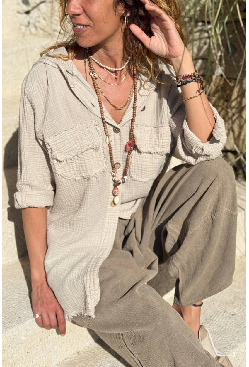 Bej Kapüşonlu Düğmeli Cepli Pis Dikişli Pamuklu Salaş Dokuma Gömlek 70 50