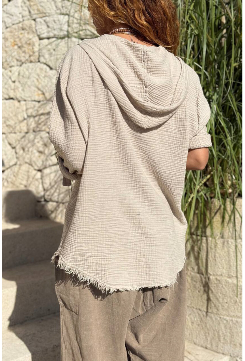 Bej Kapüşonlu Düğmeli Cepli Pis Dikişli Pamuklu Salaş Dokuma Gömlek 70 50