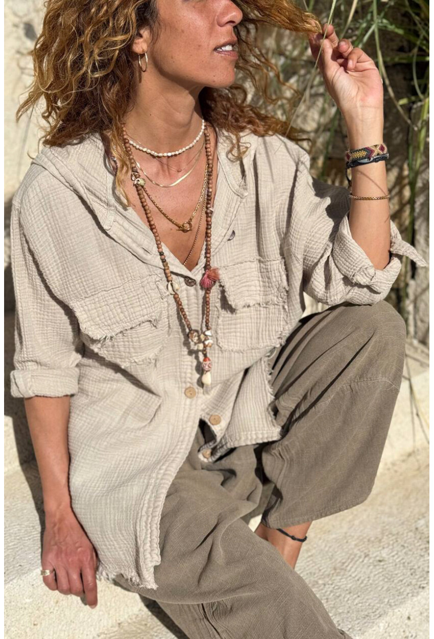 Bej Kapüşonlu Düğmeli Cepli Pis Dikişli Pamuklu Salaş Dokuma Gömlek 70 50