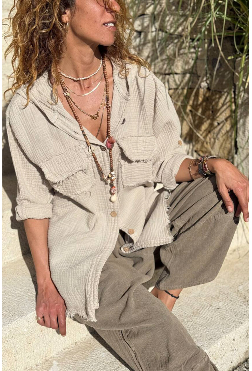 Bej Kapüşonlu Düğmeli Cepli Pis Dikişli Pamuklu Salaş Dokuma Gömlek 70 50